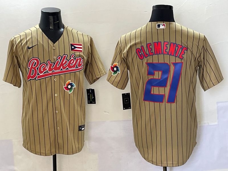 Men Puerto Rico #21 Clemente Brown Stripe Joint Name 2025 Nike MLB Jersey style 13